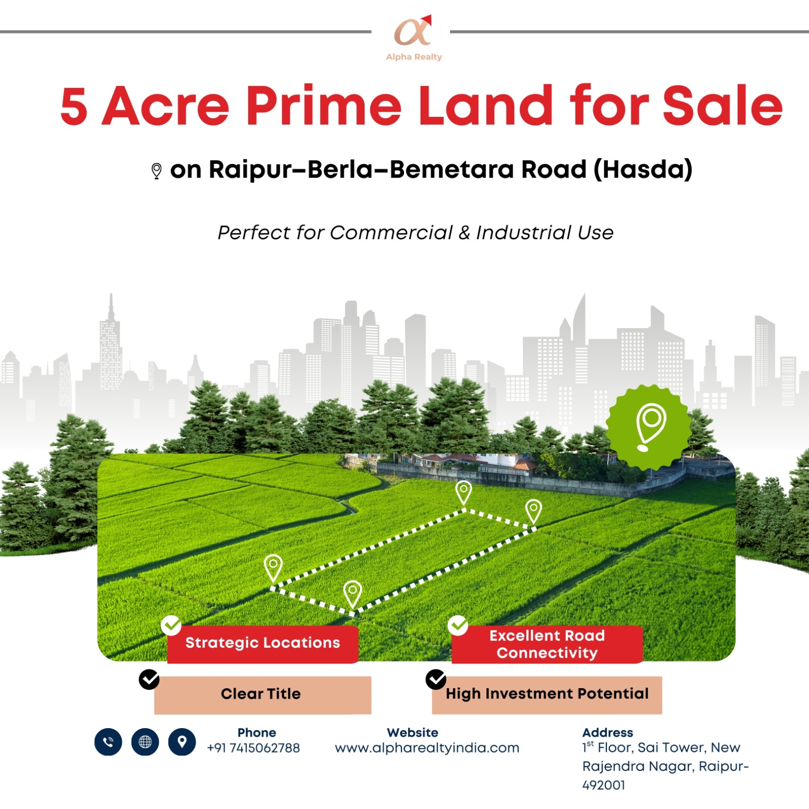 5 Acre Prime Land for Sale on Raipur–Berla–Bemetara Road (Hasda) – Perfect for Commercial & Industrial Use